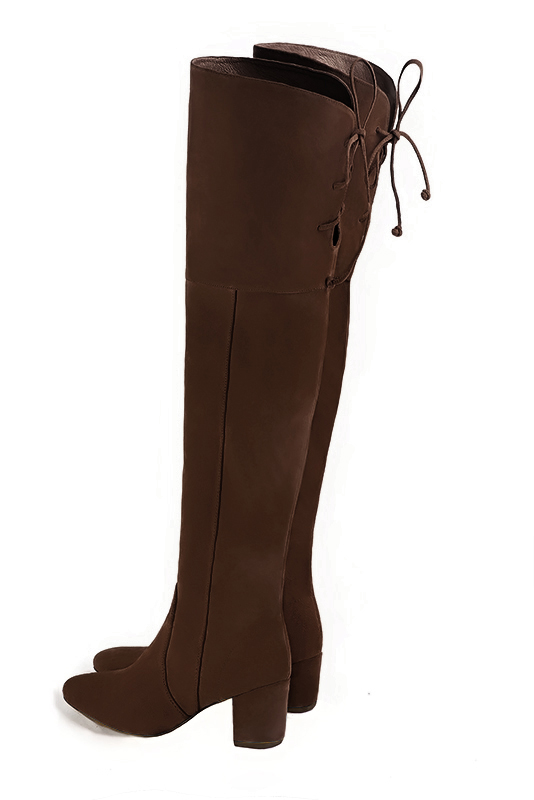 Dark brown women's leather thigh-high boots. Round toe. Medium block heels. Made to measure. Rear view - Florence KOOIJMAN